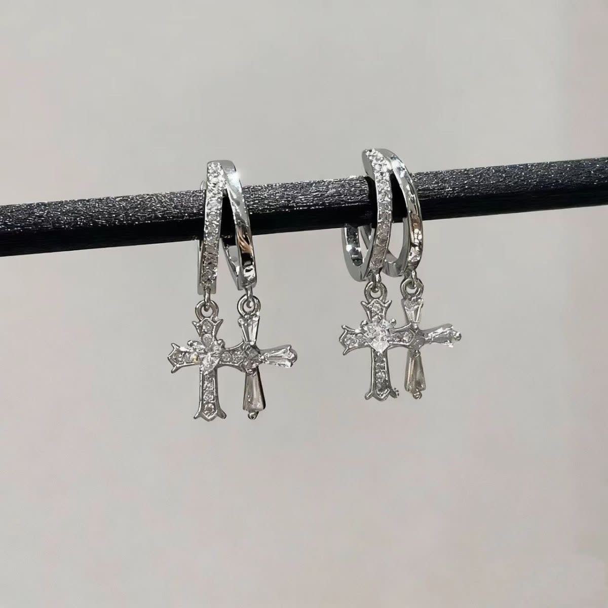 Chrome Hearts Silver Cross Hoop Earrings